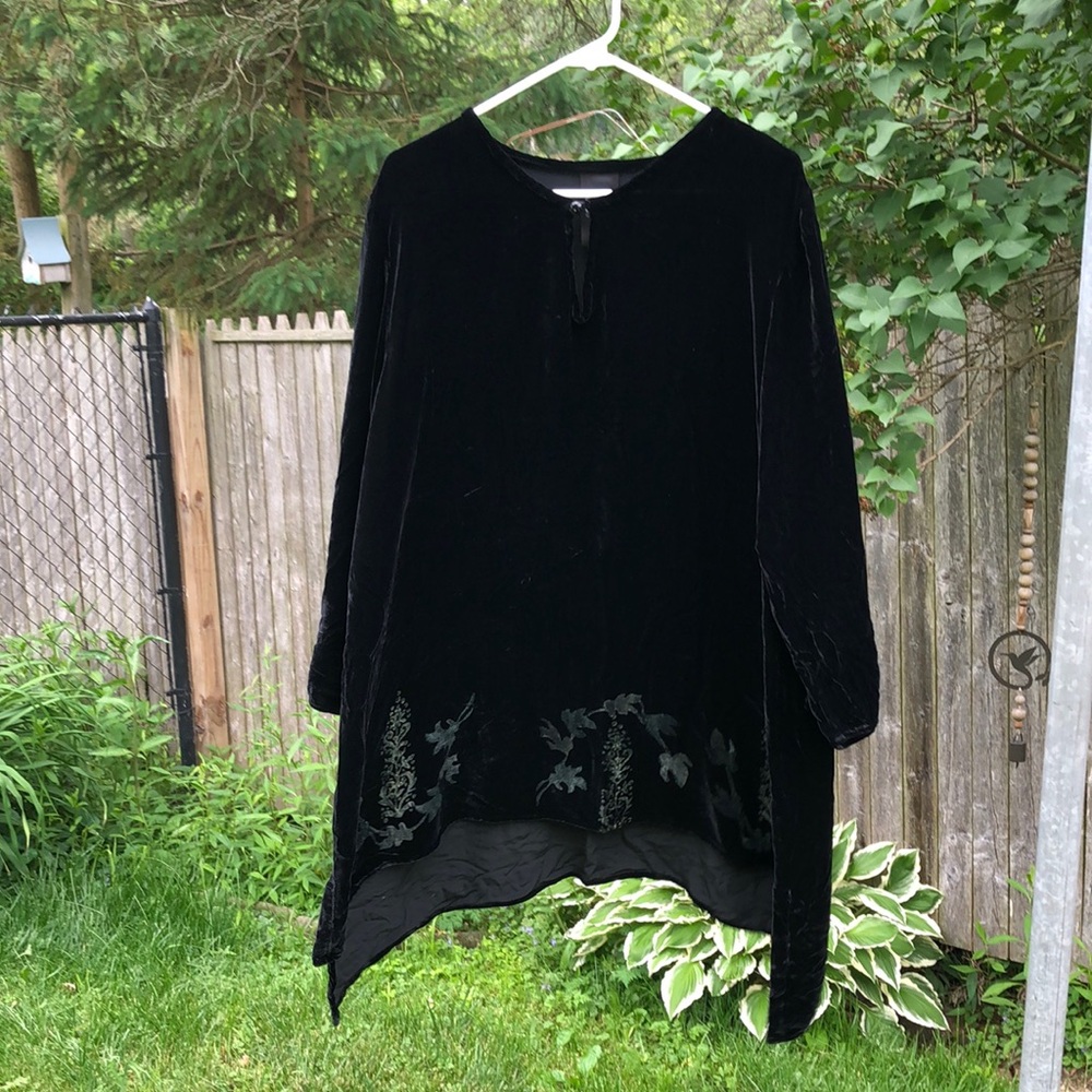 L/XL Vintage Blue Fish Silk Velvet Dress Tunic Hand Printed Made in USA 🇺🇸